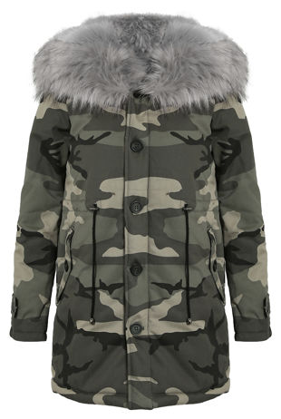 Grey Camouflage Parka Coat with Fur Hood