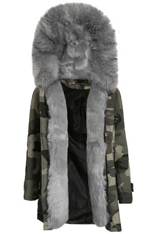 Camouflage Print Grey Faux Fur Parka 