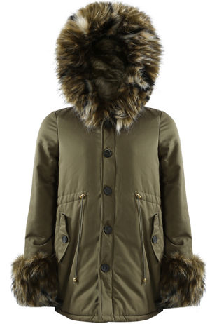 Khaki Parka Coat with Khaki Fur Hood Lining