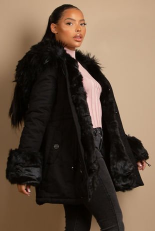 Black Parka Coat with Fur Hood Lining 