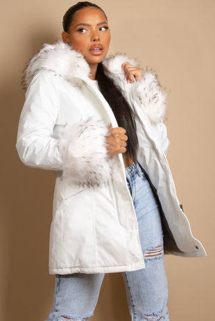 White Parka Coat with Fur Hood & Cuffs 