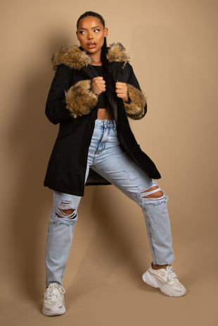 Black Hooded Parka With Chunky Faux Fur Cuff In Beige