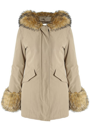 Hooded Parka With Chunky Faux Fur Cuff In Beige