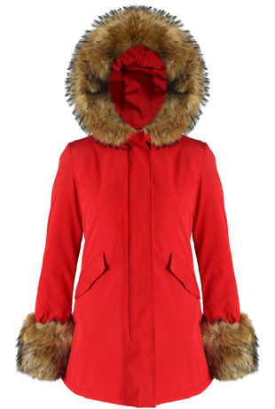 Hooded Parka With Chunky Faux Fur Cuff In Red