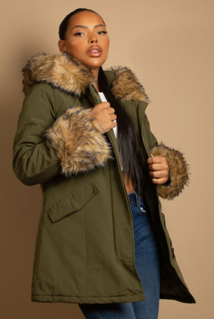 Hooded Parka With Chunky Faux Fur Cuff In Khaki