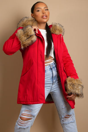 Red Parka Coat with Fur Hood & Cuffs 