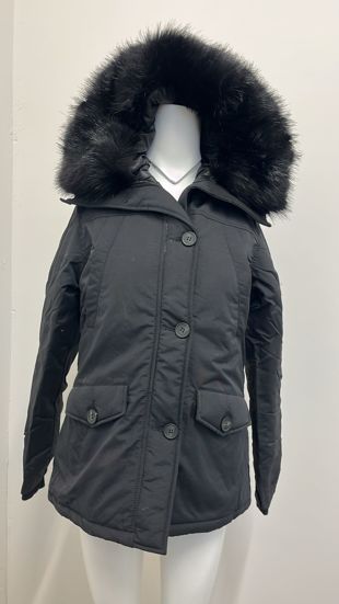 Black Quilted Jacket with Faux Fur Hood and Sleeve Zip Pocket