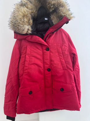 Red Quilted Jacket with Faux Fur Hood and Sleeve Zip Pocket