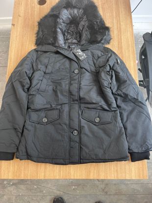 Black Quilted Jacket with Faux Fur Hood and Sleeve Zip Pocket