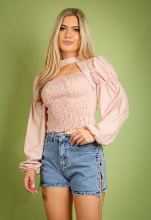 Rose Shirred Cut Out Balloon Sleeve Top