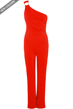 Red Buckle Trim One Shoulder Jumpsuit