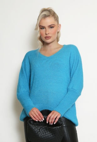 Turquoise V Neck Fluffy Knit Jumper
