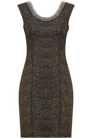 Gold Foil Beaded Neck Detail Shift Mini Dress