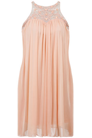 Peach Mesh Detailed Sleeveless Blouson Dress