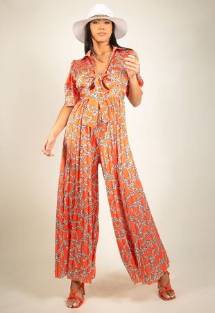 Orange Chain Print Tie Front Palazzo Jumpsuit