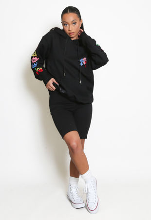 Black Slogan Sleeve Hoodie