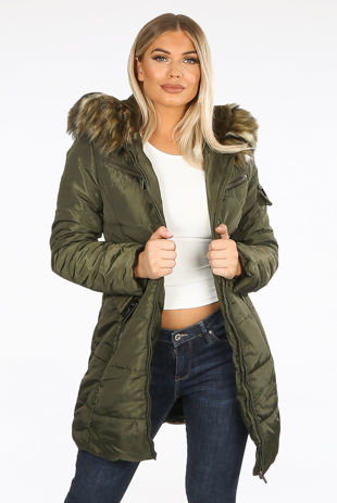 Khaki Faux Fur Belted Puffer Coat