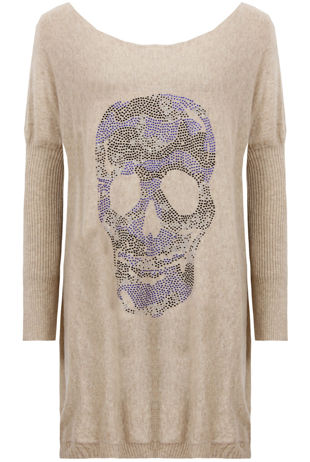 Beige Coloured Skull Detail Long Sleeve Baggy Jumper