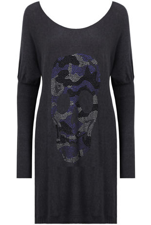 Black Coloured Skull Detail Long Sleeve Baggy Jumper