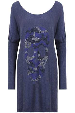 Navy Coloured Skull Detail Long Sleeve Baggy Jumper