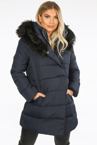 Navy Wrap Puffer Coat with Black Faux Fur Hood