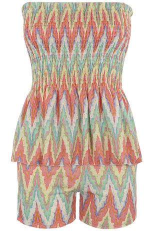 Green Zig Zag Print Shirred Bandeau Top And Shorts Set