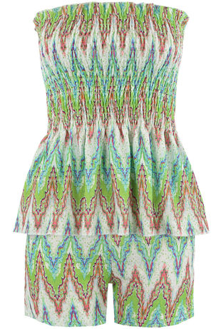 Lime Zig Zag Print Shirred Bandeau Top And Shorts Set