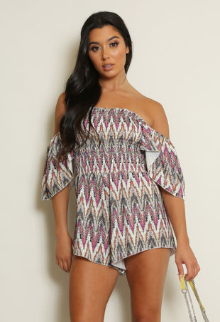 Black Zig Zag Print Shirred Playsuit