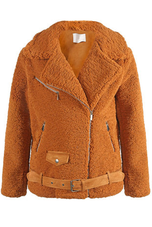 Camel Faux Fur Zipped Shearling Coat