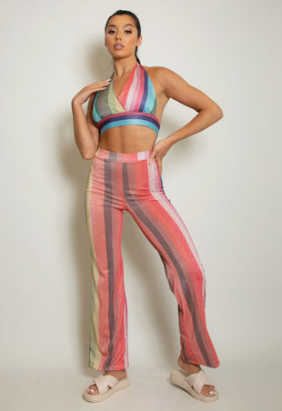 Fuchsia Lurex Stripe Halter Top & Flare Trouser Set