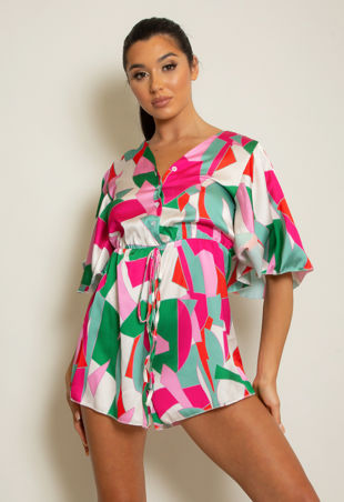 Green Satin Block Print V Neck Playsuit