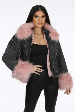 Black Faux Fur Oversized Denim Jacket