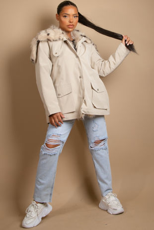 Beige Parka With Printed Faux Fur