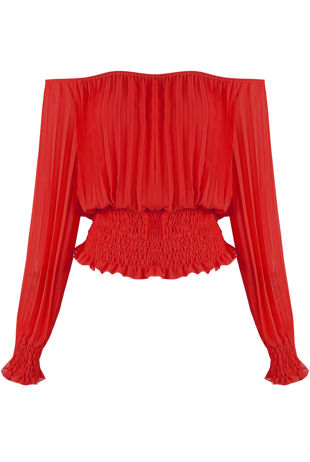 Red Off Shoulders Pleated Top