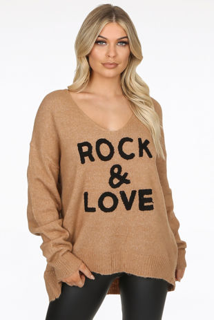 Camel ROCK & LOVE Embroidery Slogan Knitted Jumper