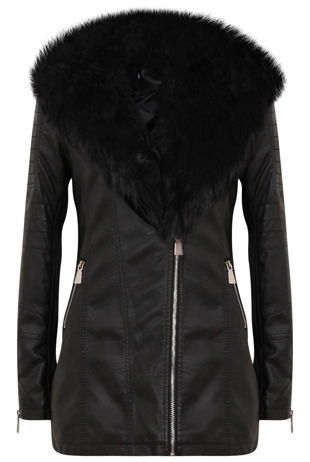 Black PU Detachable Fur Collar Jacket
