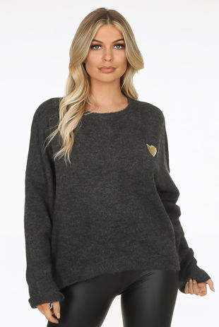  Grey Contrast Heart Embroidery Knitted Jumper