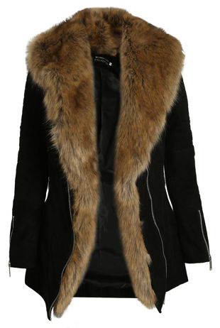 Black Suede Fur Trimmed Coat