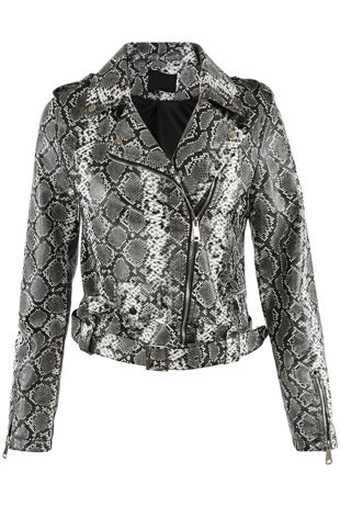 Grey Animal Pattern Faux Leather Biker Jacket 