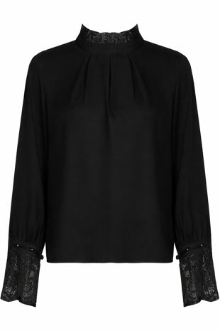 Black Pearl Floral Lace Sleeve Pleated Tops