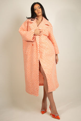 Orange Stripe Print Wool Long Line Coat