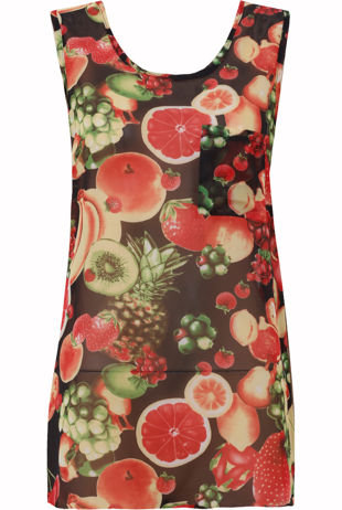 Black Fruit Print Chiffon Pocketed Blouse