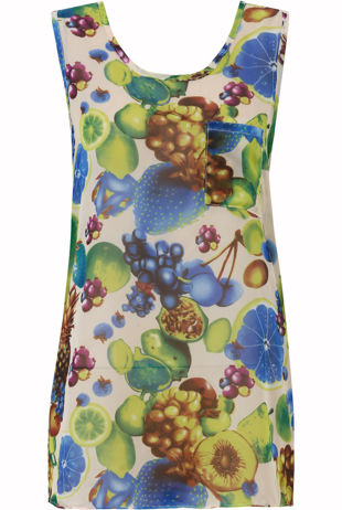 Blue Fruit Print Chiffon Pocketed Blouse