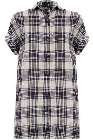 Contrast Tartan Print Roll Up Sleeve Tops