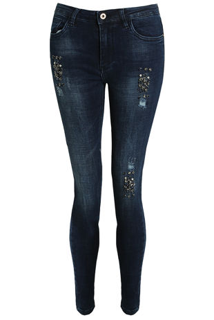 Denim Blue Studs & Shredded Trim Jeans