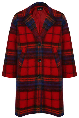Red Tartan Check Wool Blend Coat