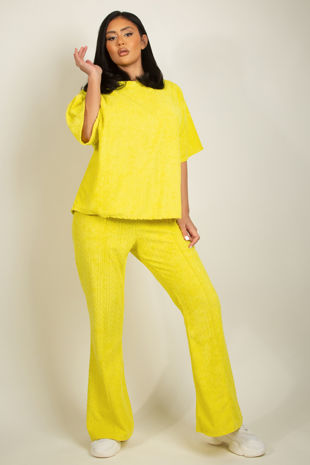 Yellow Towelling Short Sleeve Sweatshirt And Flare Trouser Set