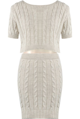 Beige Cable Knit Crop Top & Skirt Co-Ord
