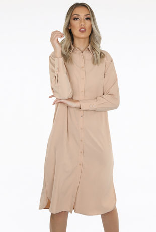 Beige Side Slit Button Up Long Shirt Dress