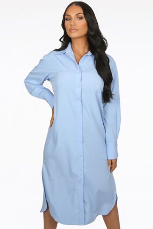 Sky Blue Side Slit Button Up Long Shirt Dress